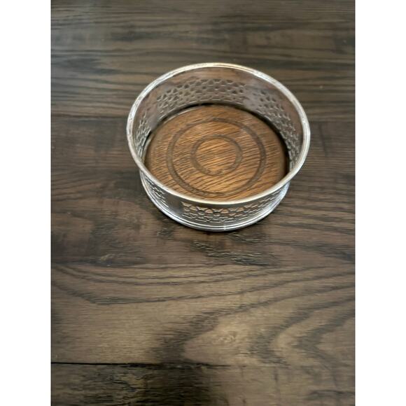 Vintage Silver-Plated Wine Bottle Coaster with Medium Wood – 5.5” - Picture 2 of 8